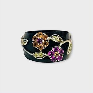Vintage Sterling Silver Amethyst, Citrine, Peridot Black Flower Ring